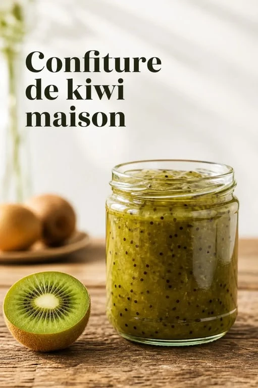 Confiture de kiwi de grand-mère maison dans un pot en verre sur une table en bois