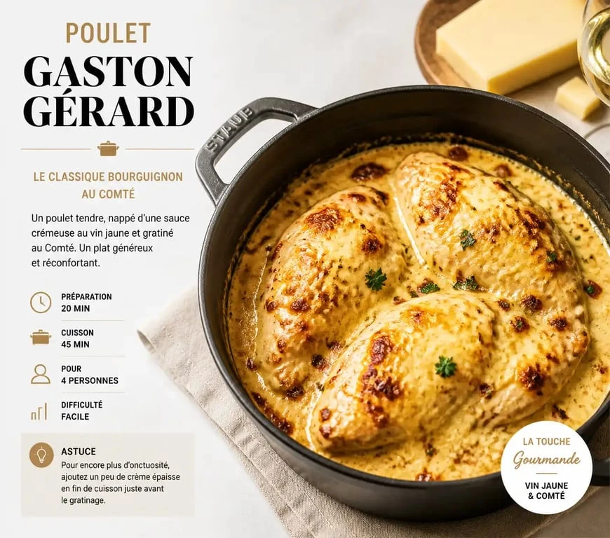 Poulet Gaston Gérard façon Cyril Lignac servi dans une cocotte, plat traditionnel bourguignon gratiné au comté.