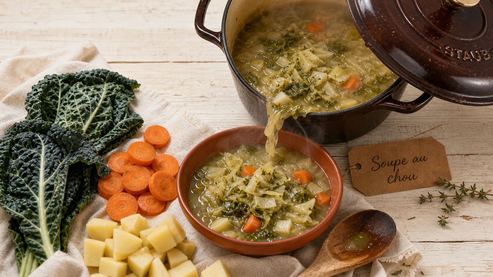 Soupe aux choux verts maison, bouillon fumant aux légumes
