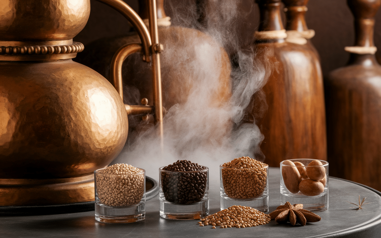 alambic traditionnel avec ingredients pour fabrication d aquavit