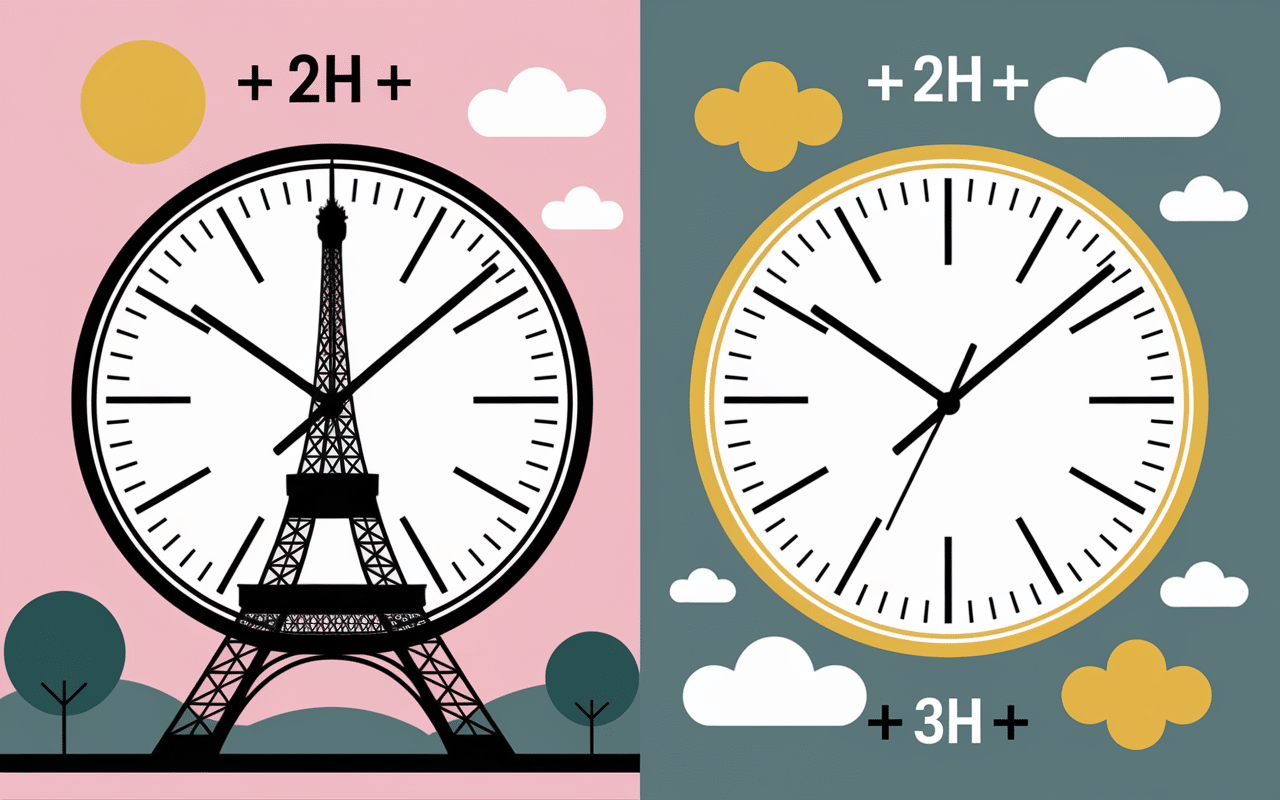 Décalage horaire heure Dubai France avec horloges et flèches