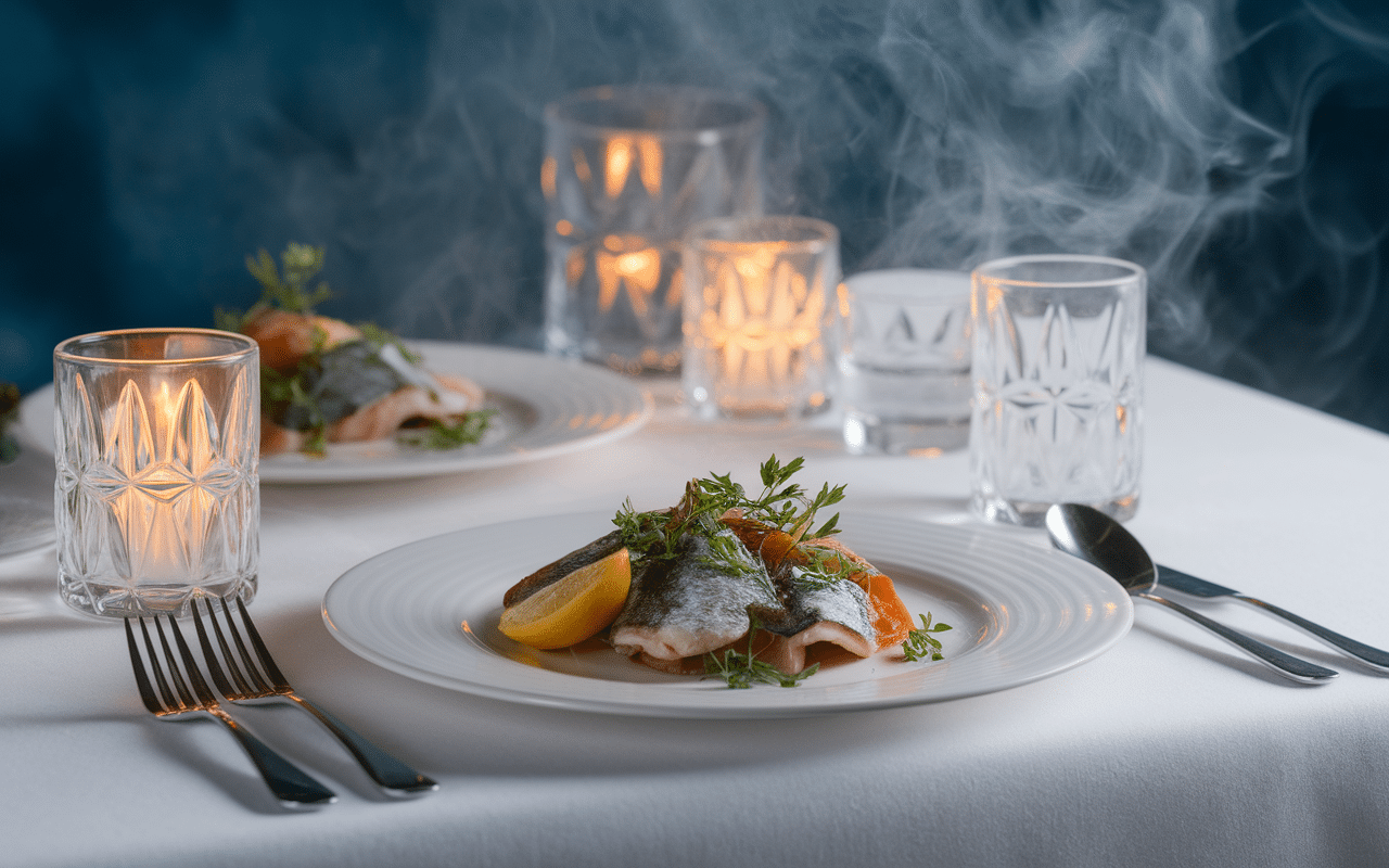 table nordique avec aquavit et poisson fume