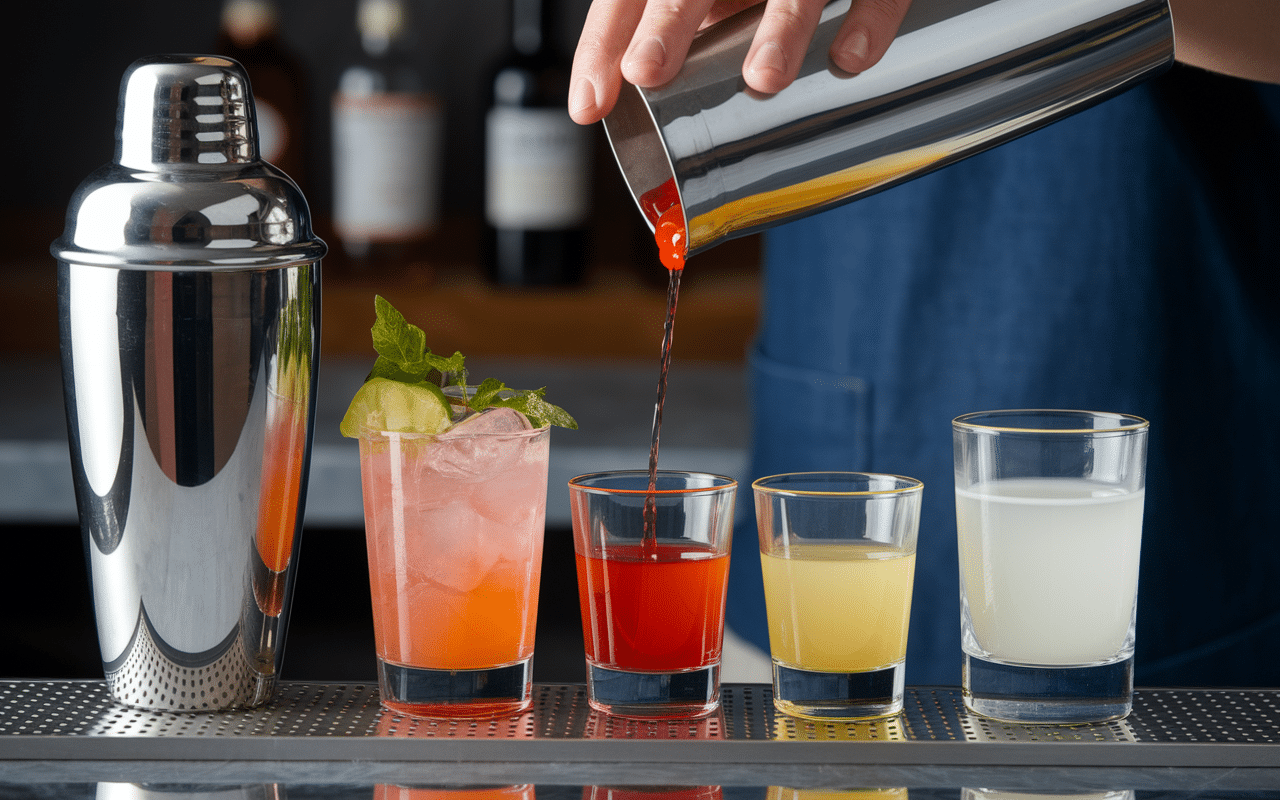 préparation madeleine cocktail shaker glaçons versement liquide