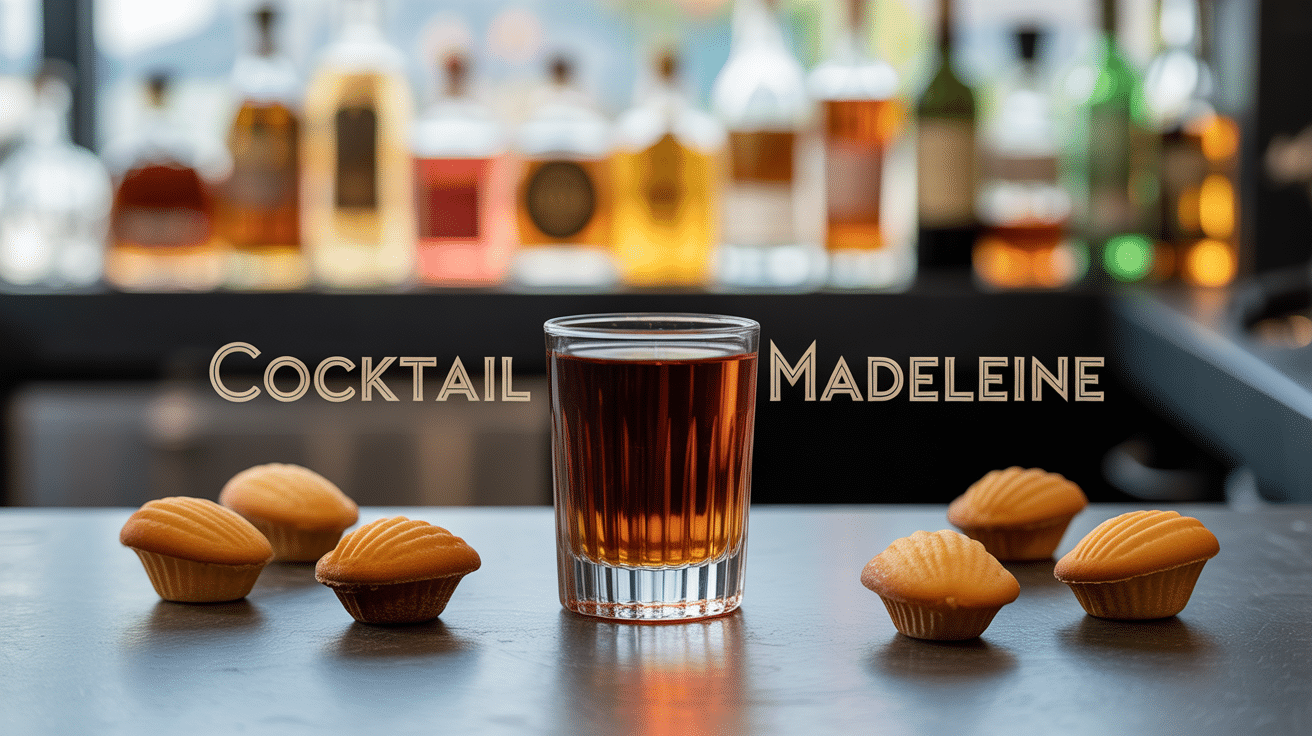 verre a shot madeleine cocktail liquide ambré et madeleines