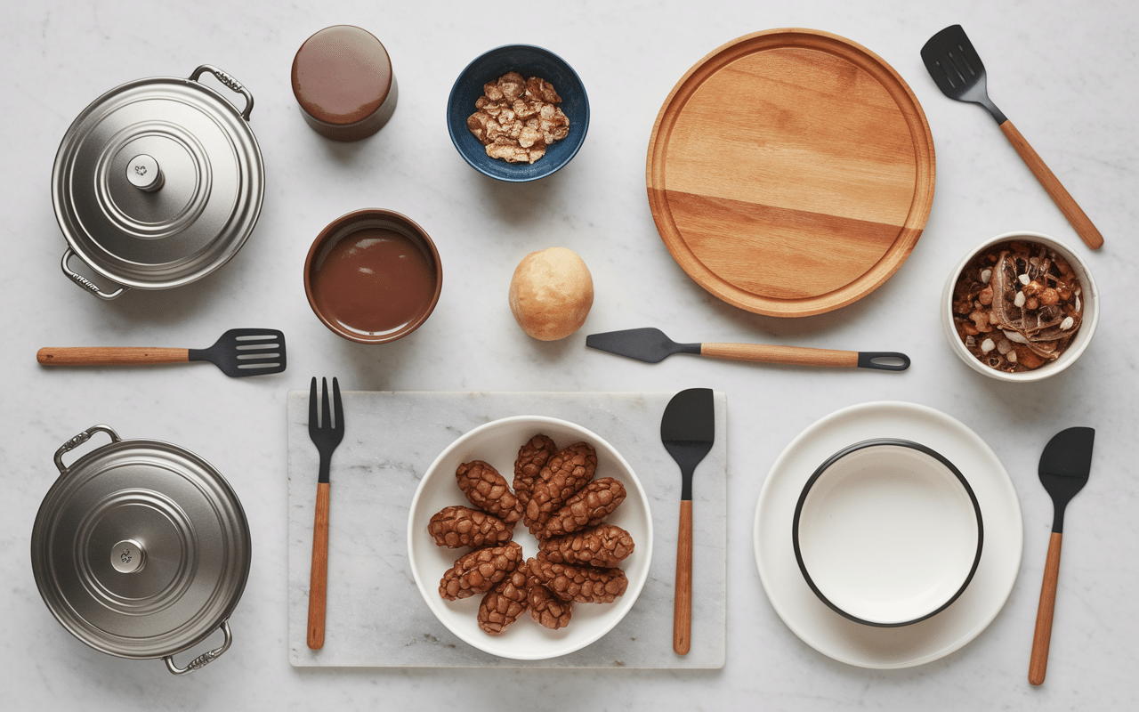 Ustensiles de cuisine addict professionnels en cuivre et métal sur plan de travail