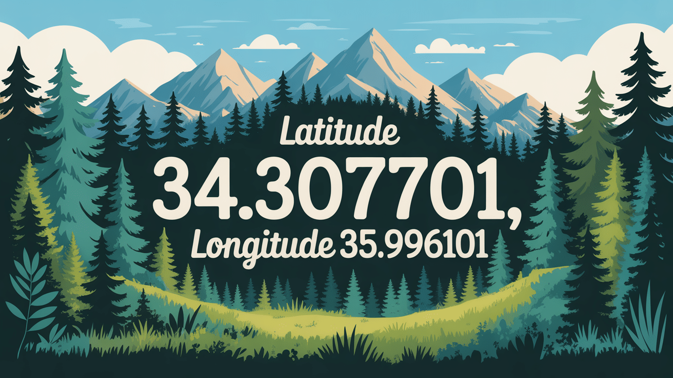 Vue panoramique stylisée forêt montagne conifères latitude 34.307701 longitude 35.996101