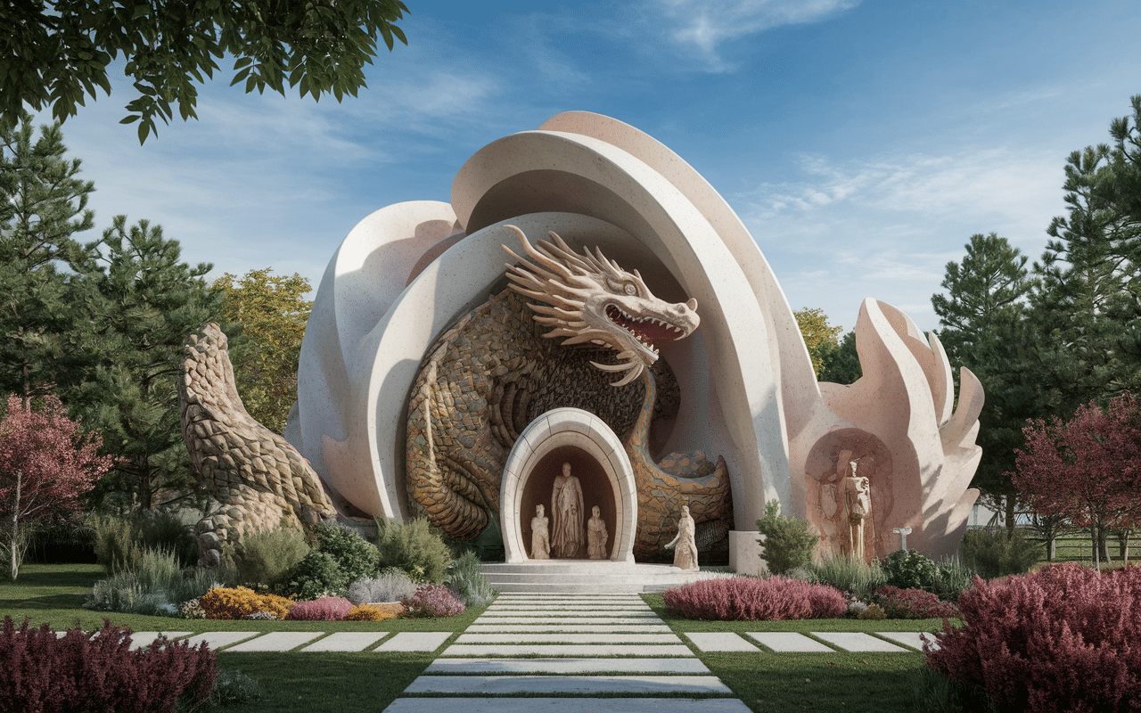 Architecture unique avec sculptures et dragon