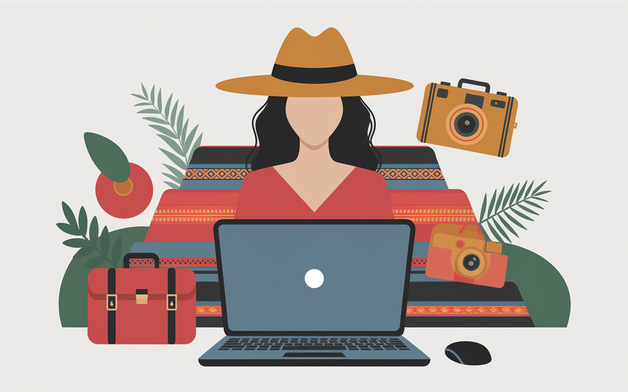 Silhouette féminine devant un ordinateur avec icônes de voyage