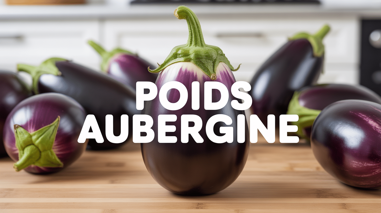 Aubergine brillante sur balance, titre poids aubergine