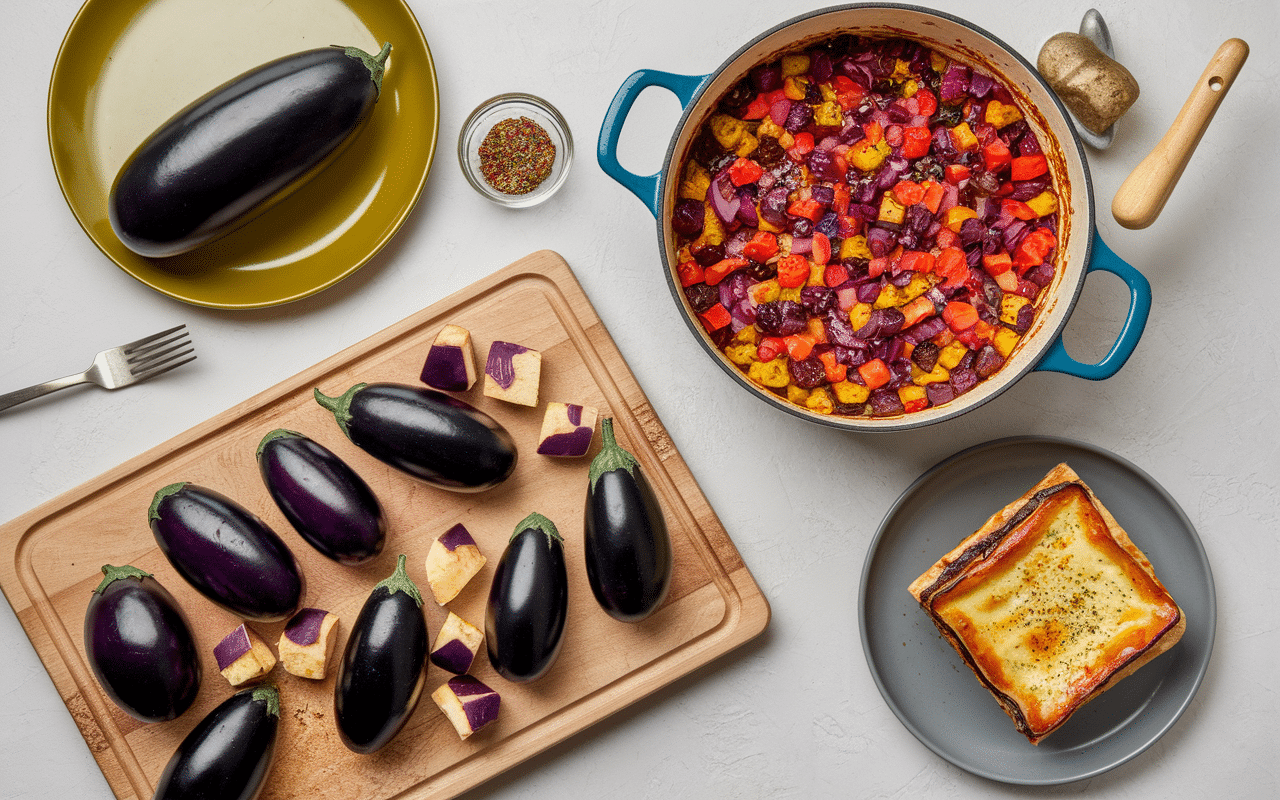 Aubergines coupées, balance et plats cuisine