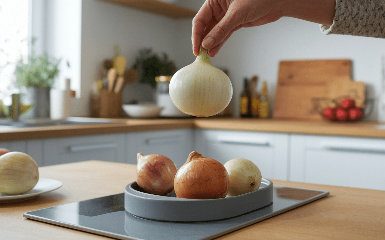 Main pesant un oignon, conversion poids oignon