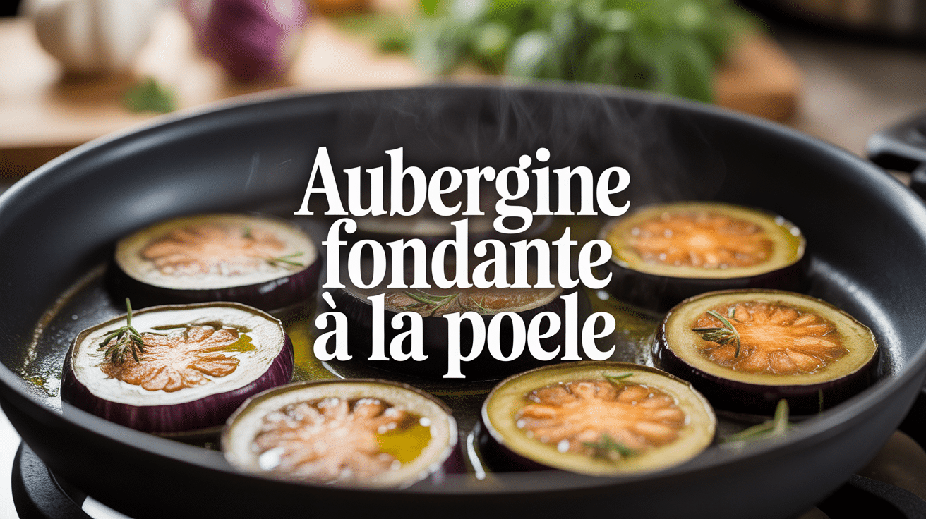Aubergine fondante à la poêle, tranches dorées en cuisson