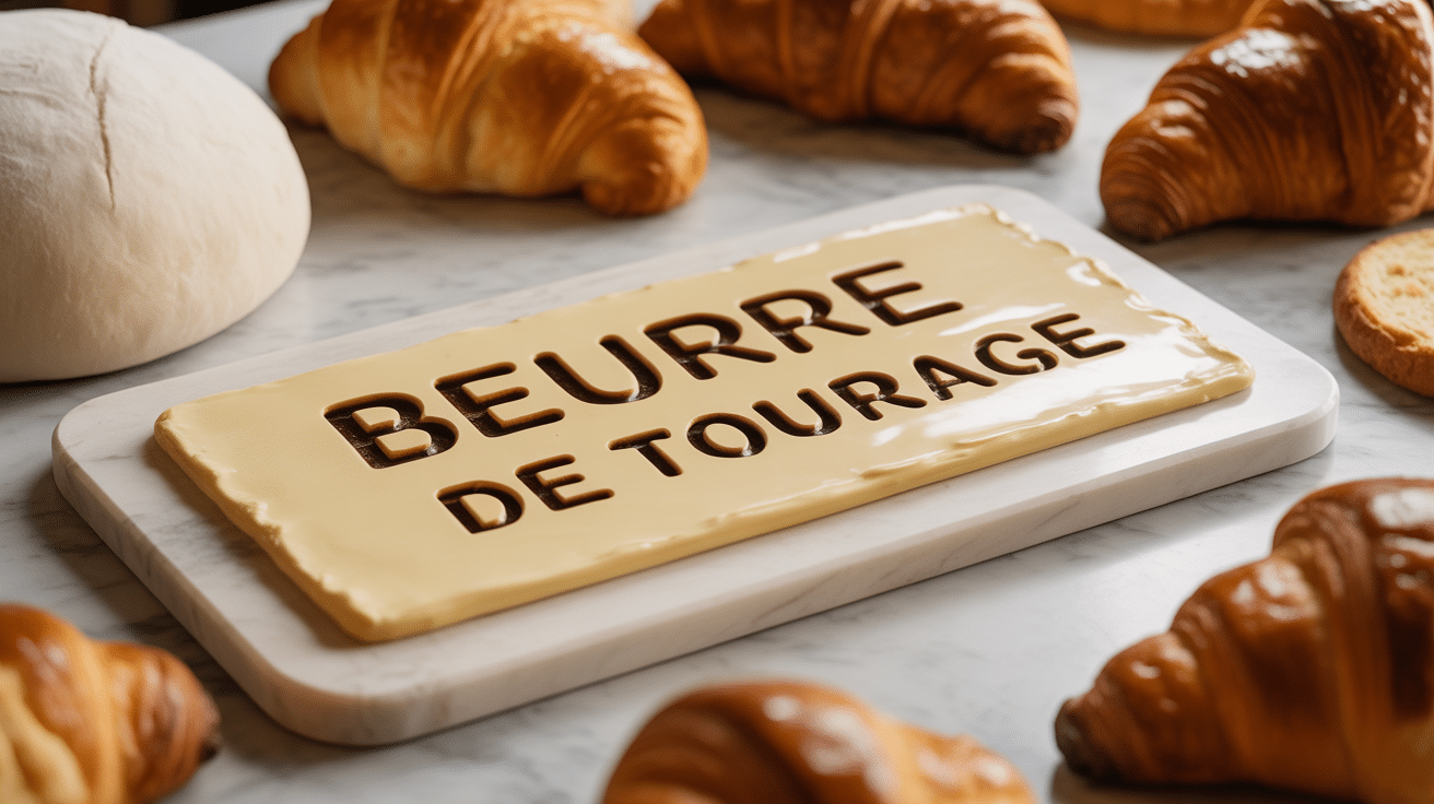 Plaque de beurre de tourage entourée de croissants sur plan de travail