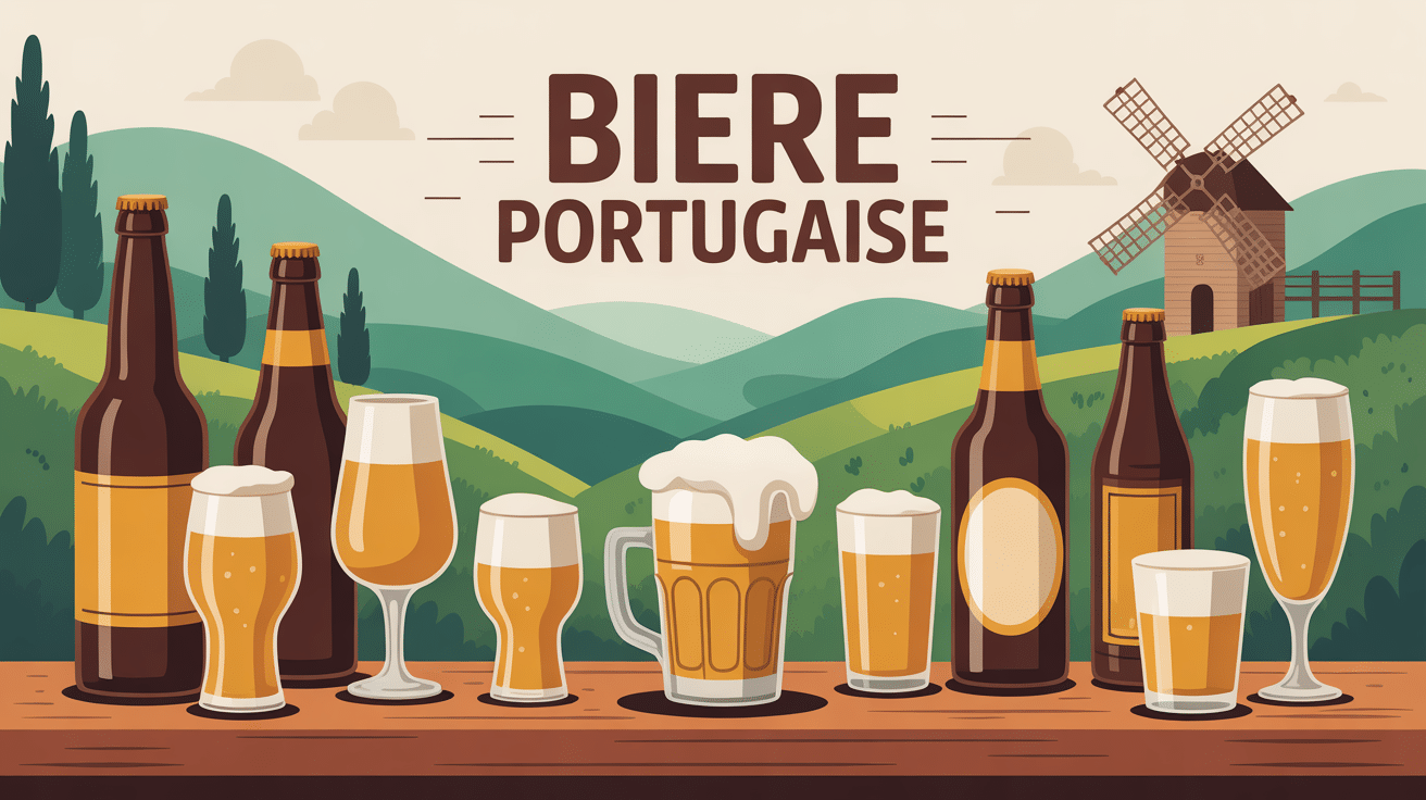 illustration conviviale biere portugaise avec bouteilles et verres