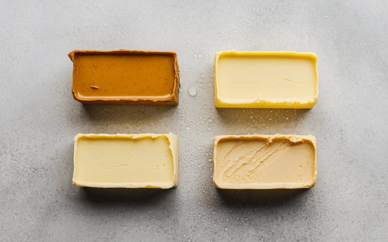 Deux blocs de beurre, beurre de tourage doré et beurre classique avec gouttes