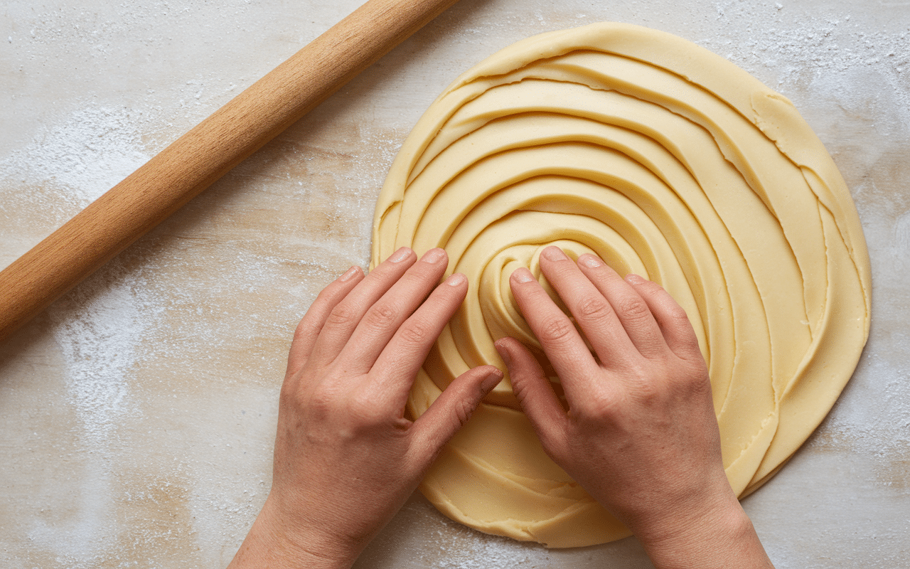 Laminage pâte avec beurre de tourage, rouleau à pâtisserie et mains