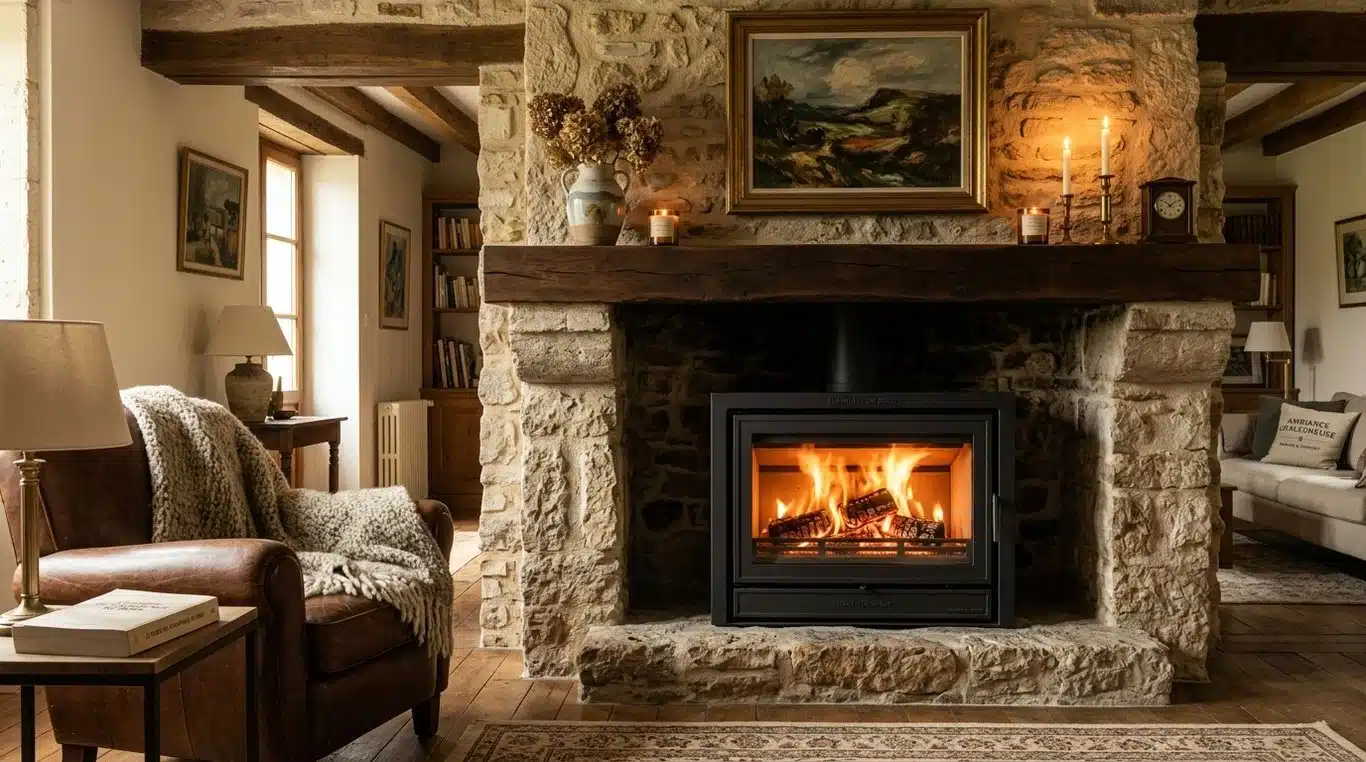 Exemple d'intégration réussie d'un insert moderne dans une cheminée ancienne en pierre
