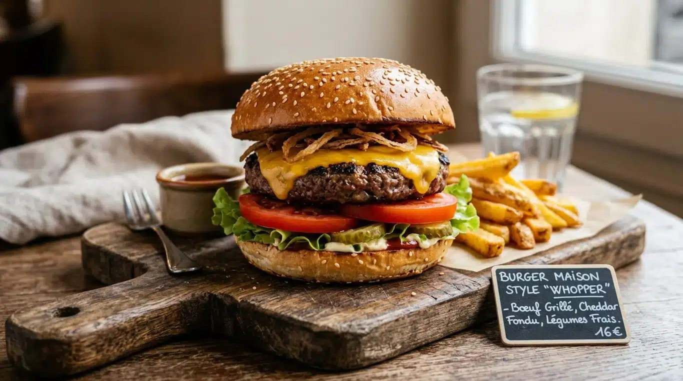 Burger maison façon Whopper préparé avec des ingrédients certifiés halal