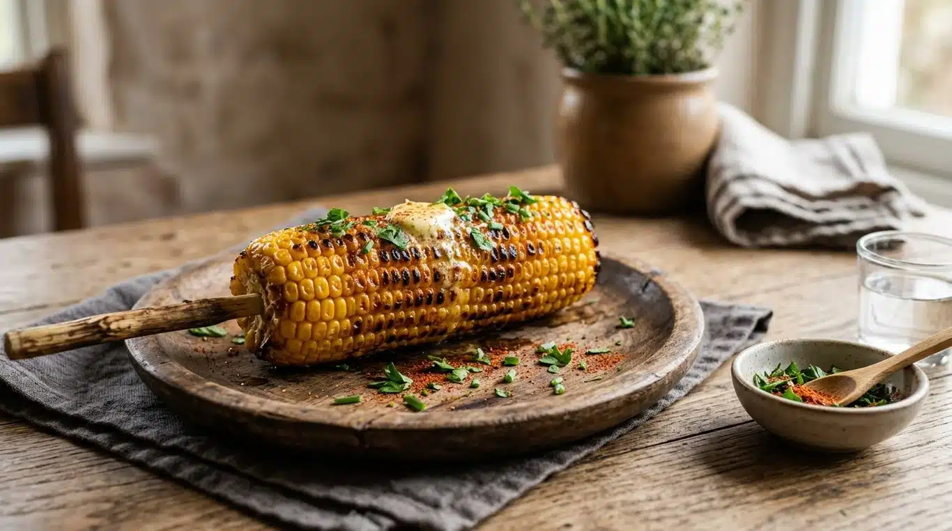 Cobette de maïs grillée et beurrée prête à être dégustée
