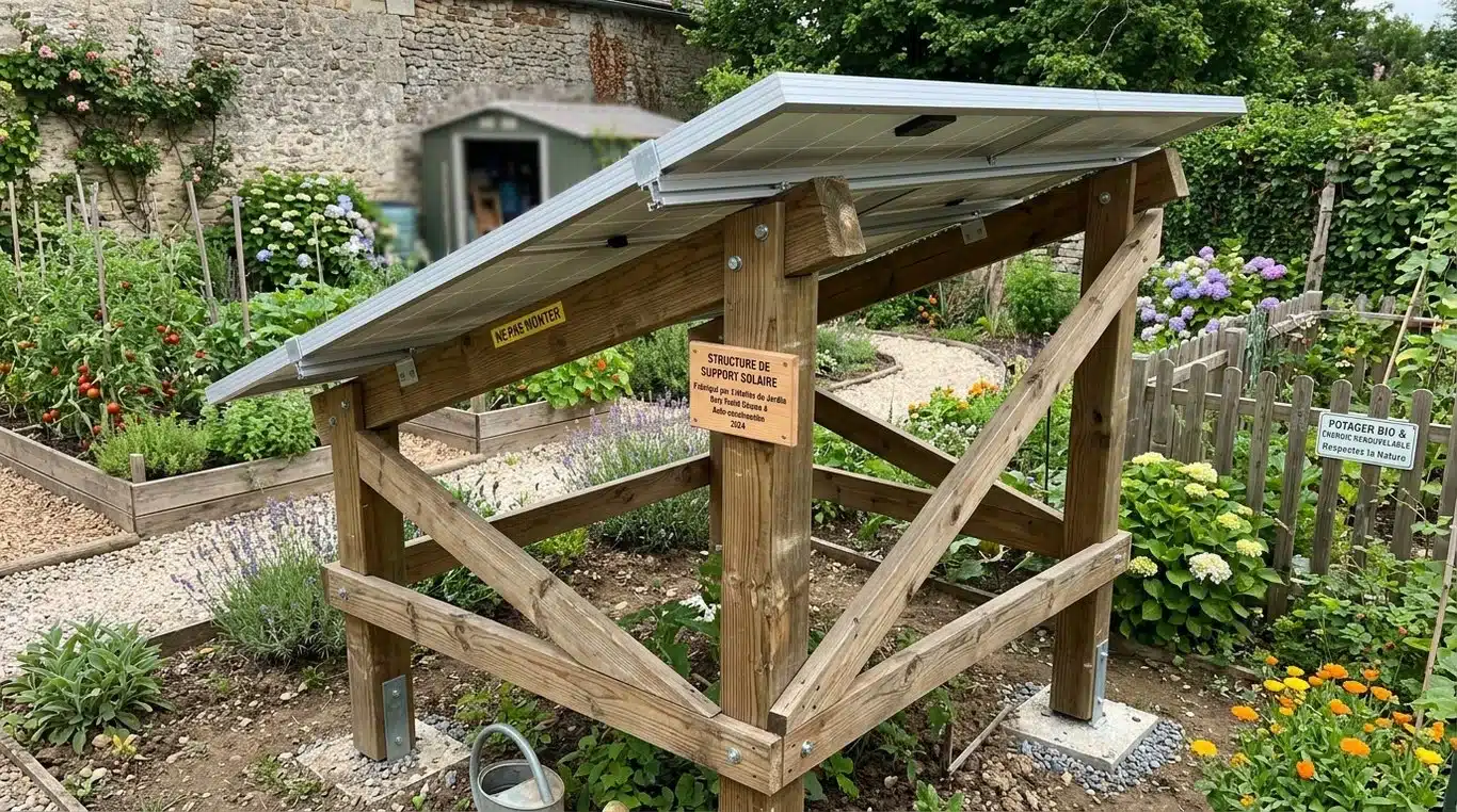 Support en bois pour panneau solaire installé dans un jardin