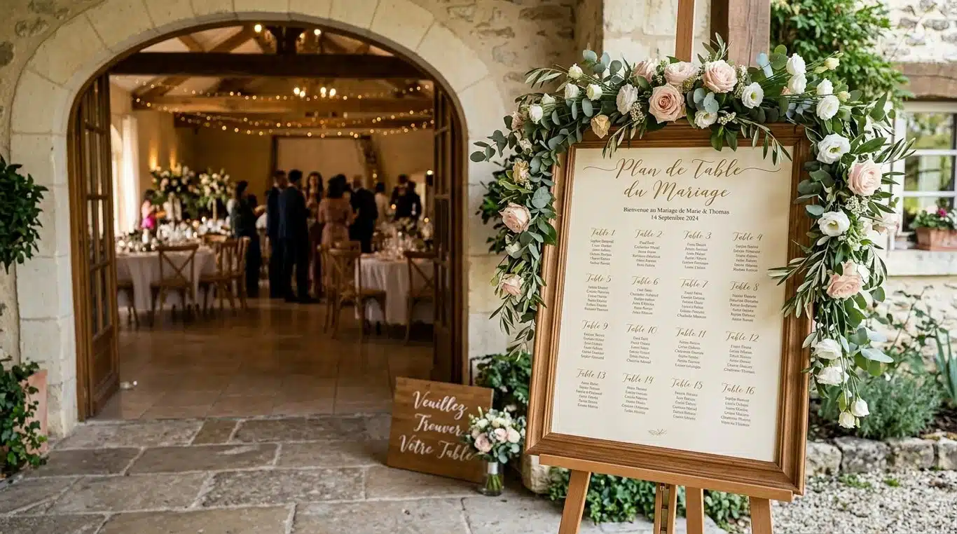 Exemple de présentation élégante d'un plan de table de mariage sur chevalet