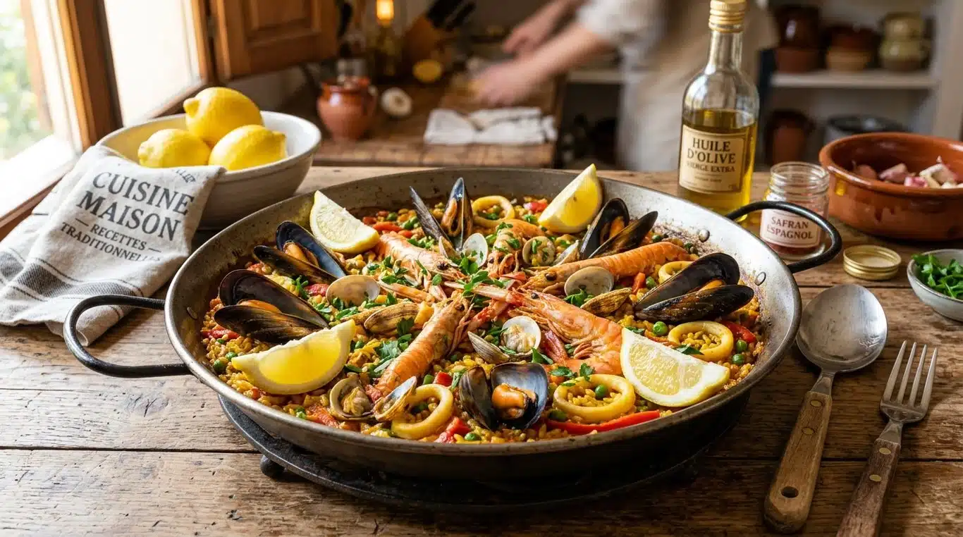 Plat de paella authentique fraîchement préparé dans une poêle traditionnelle