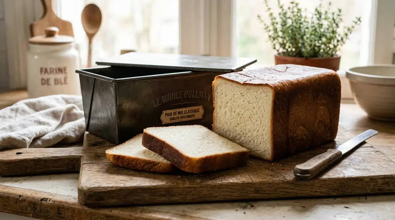 Pain de mie maison type Pullman parfaitement tranché à côté de son moule à couvercle