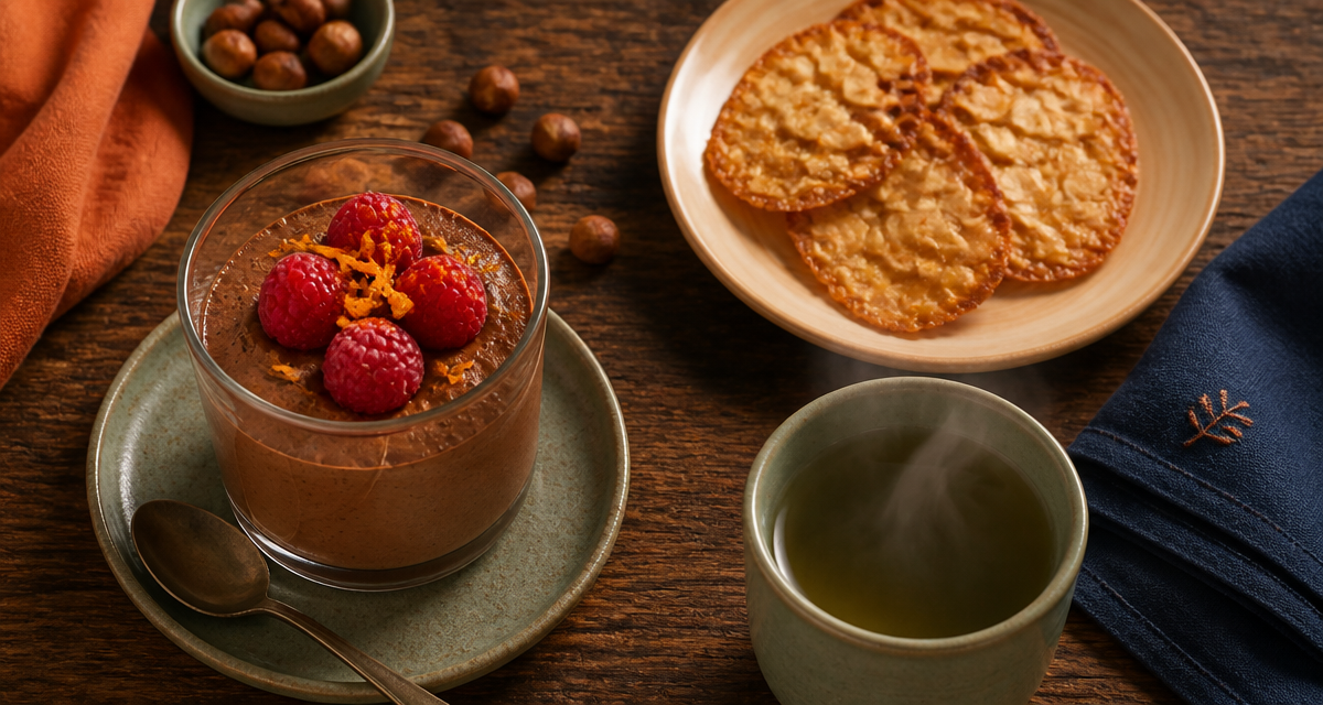 accompagner une mousse au chocolat avec fruits, tuiles et thé