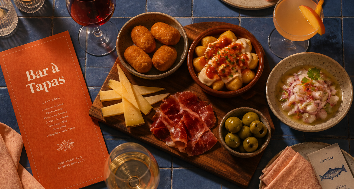 Bar a tapas avec tapas variés, vin et menu