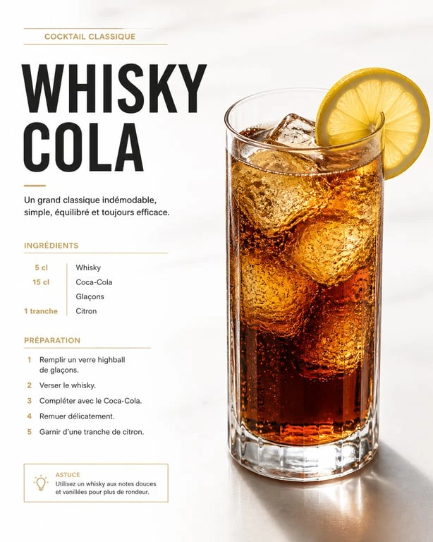 Verre de whisky coca avec glaçons et citron pour une recette de cocktail équilibrée