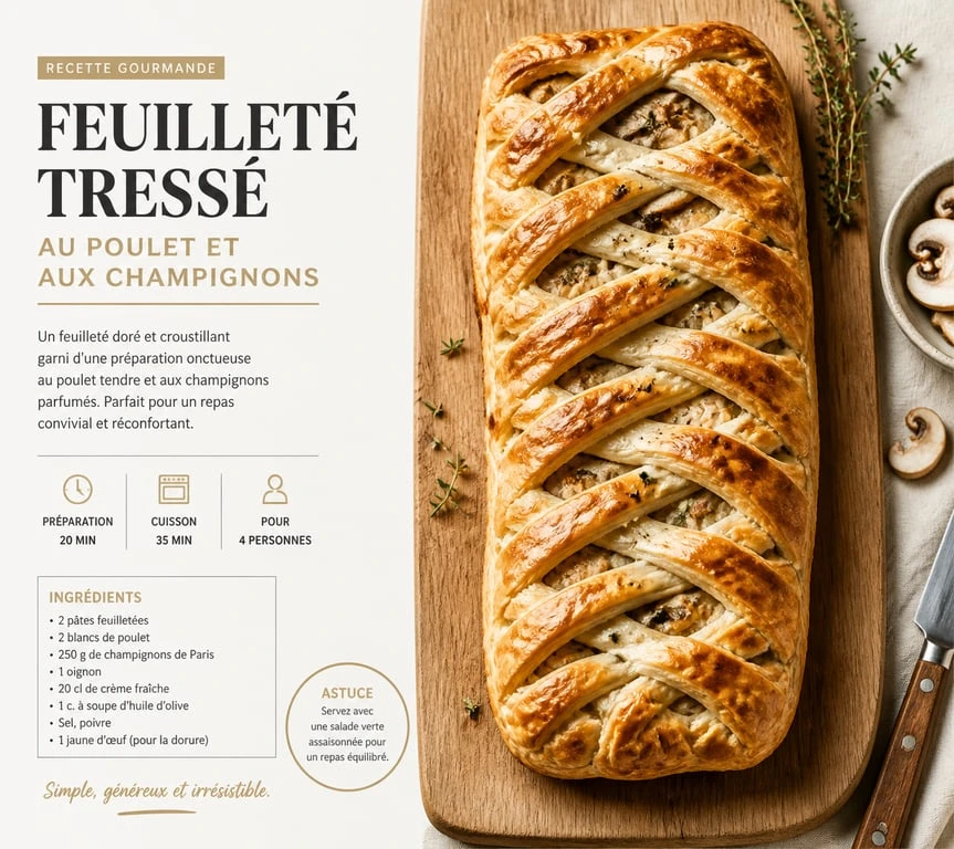 Feuilleté tressé au poulet et aux champignons de Paris, recette avec de la pâte feuilletée