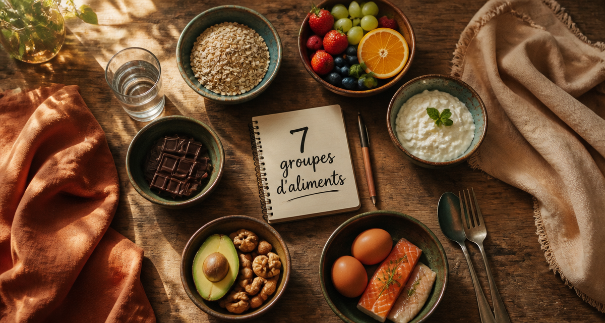 Les 7 groupes d aliments tableau en photo sur une table