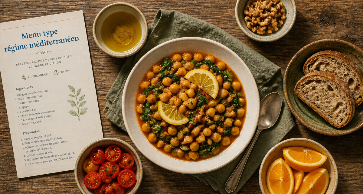 menu type regime mediterraneen assiette pois chiches epinards citron