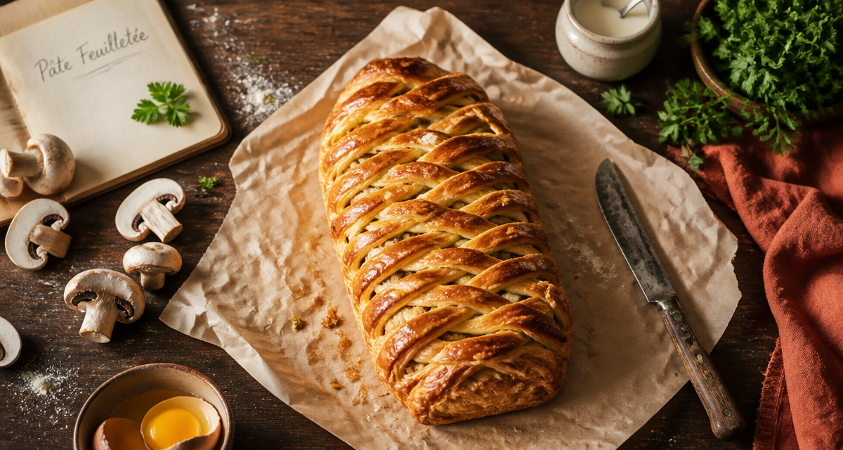 recette avec de la pate feuilletee tressée dorée sur plan de travail