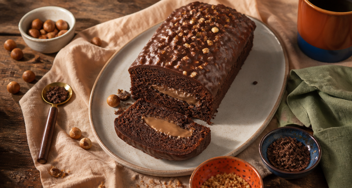 Cake chocolat praline cœur fondant et glaçage rocher croquant