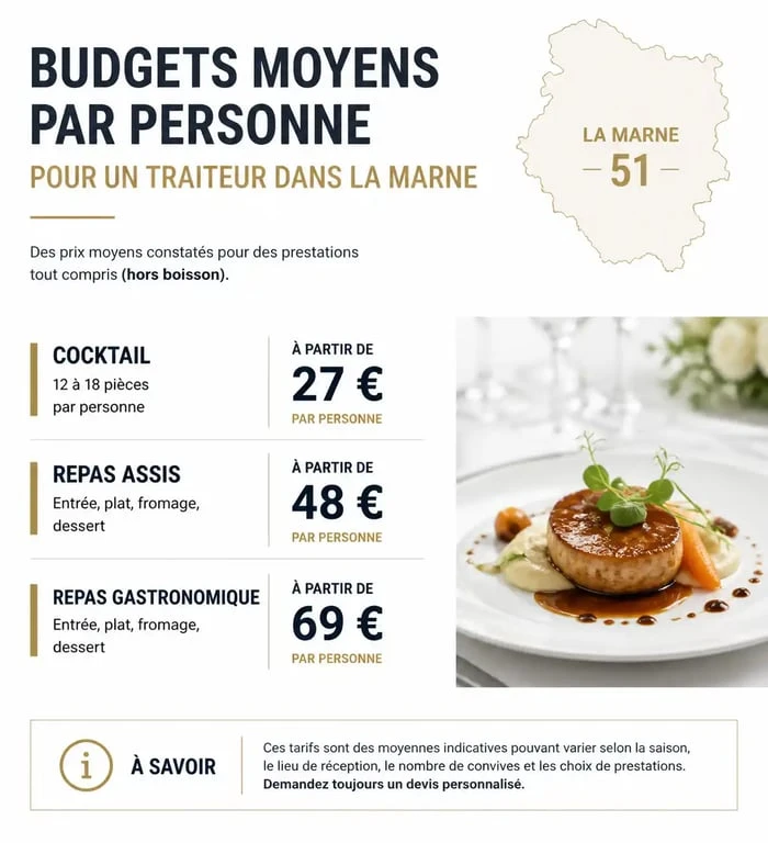Infographie comparative des budgets moyens par personne pour un traiteur dans la Marne selon le type de prestation