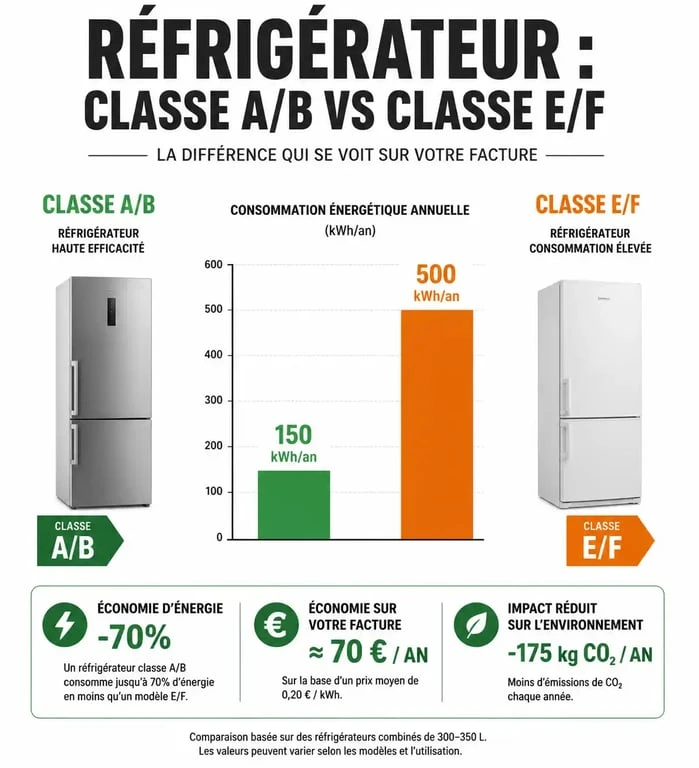 Comparatif consommation énergétique réfrigérateur classe A vs classe E pour aider à choisir son modèle