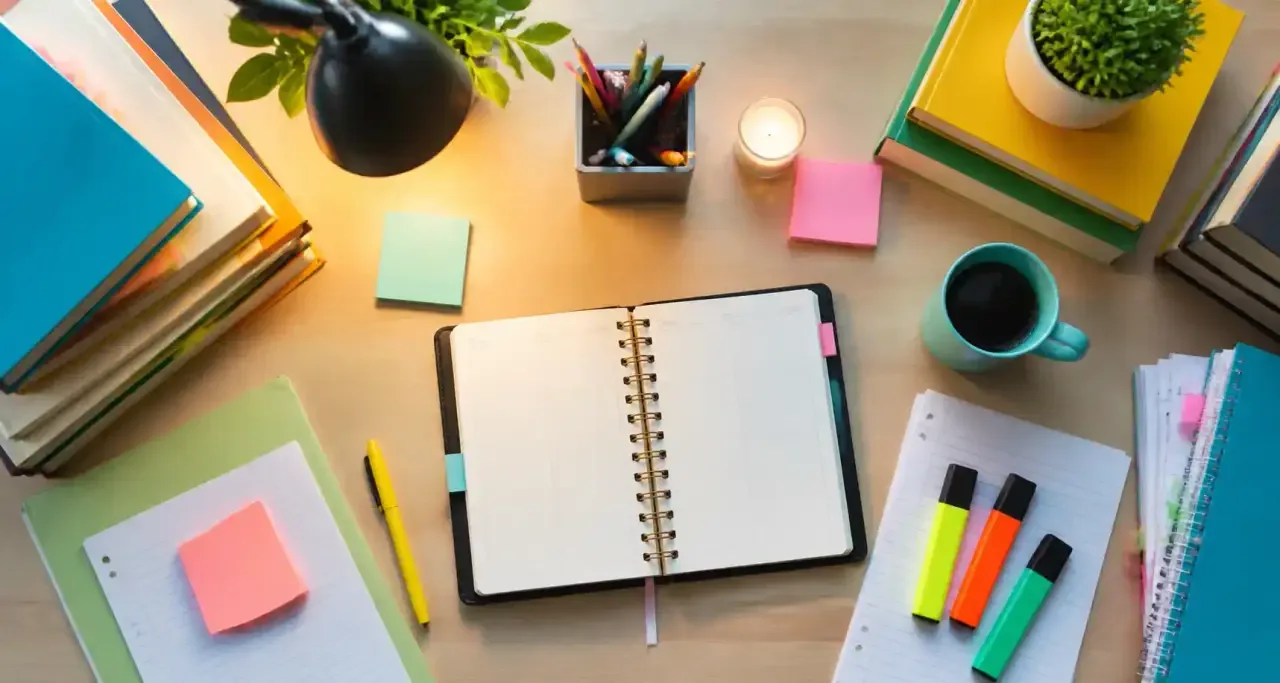 Bureau d'étudiant organisé avec cahiers et manuels pour les révisions