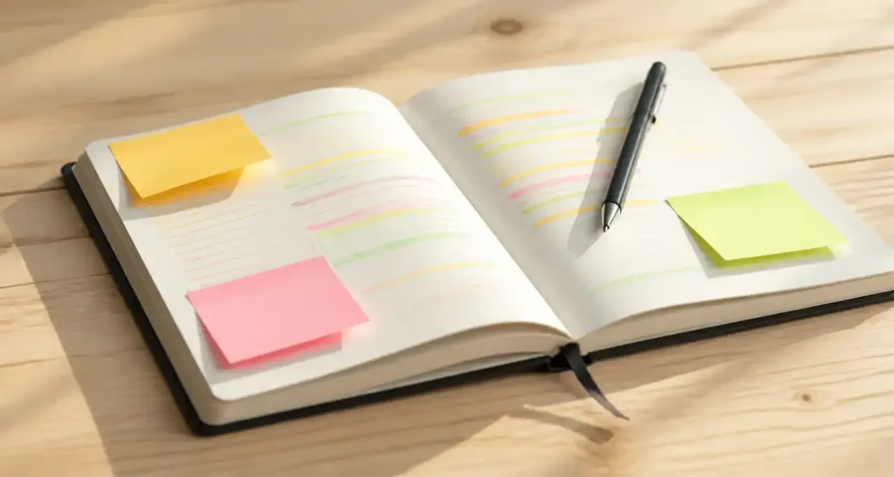 Carnet de notes ouvert avec des conseils de méthode de travail