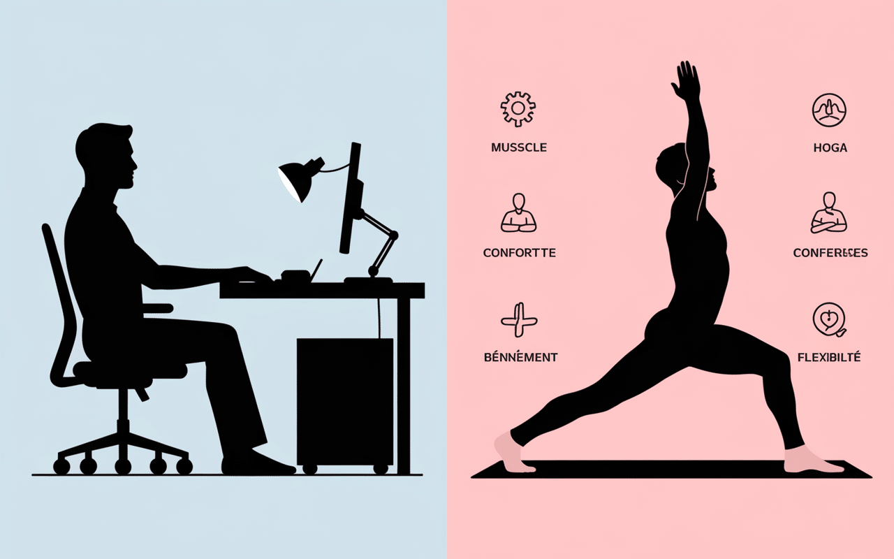 Split screen bodies homme bureau et yoga avec icônes bénéfices