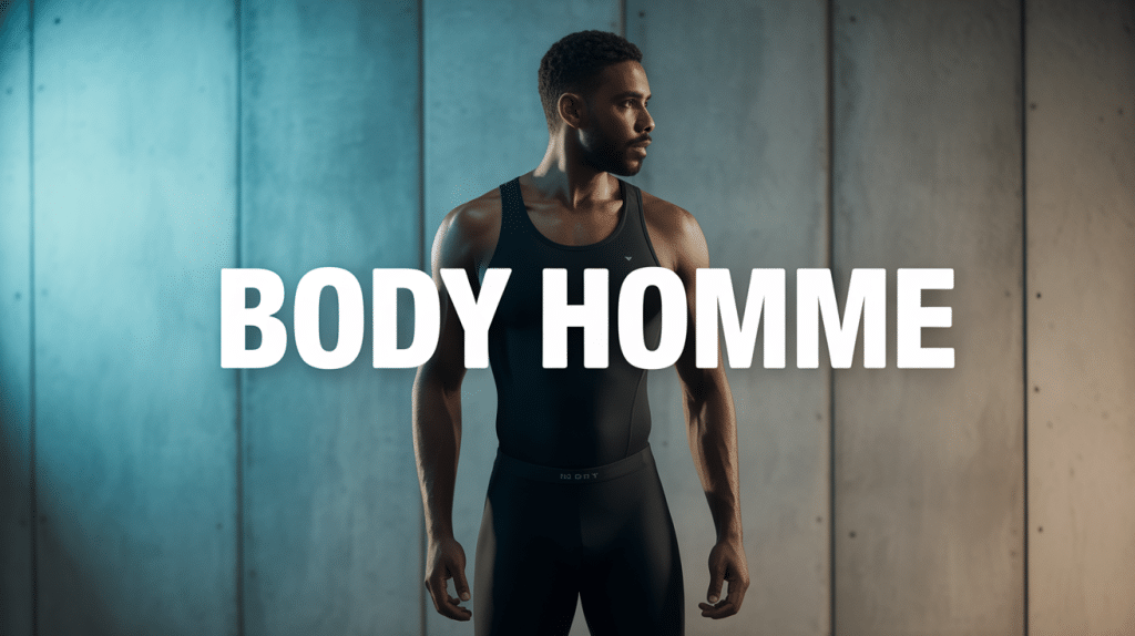 Homme portant bodies homme noir ajusté sur fond dégradé bleu gris