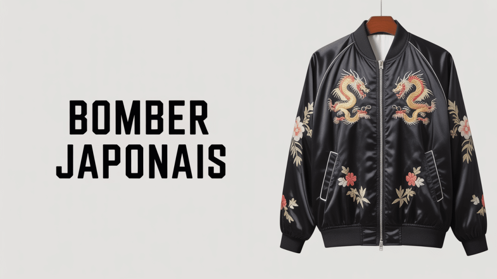 Bomber japonais noir brodé dragon fleurs de cerisier