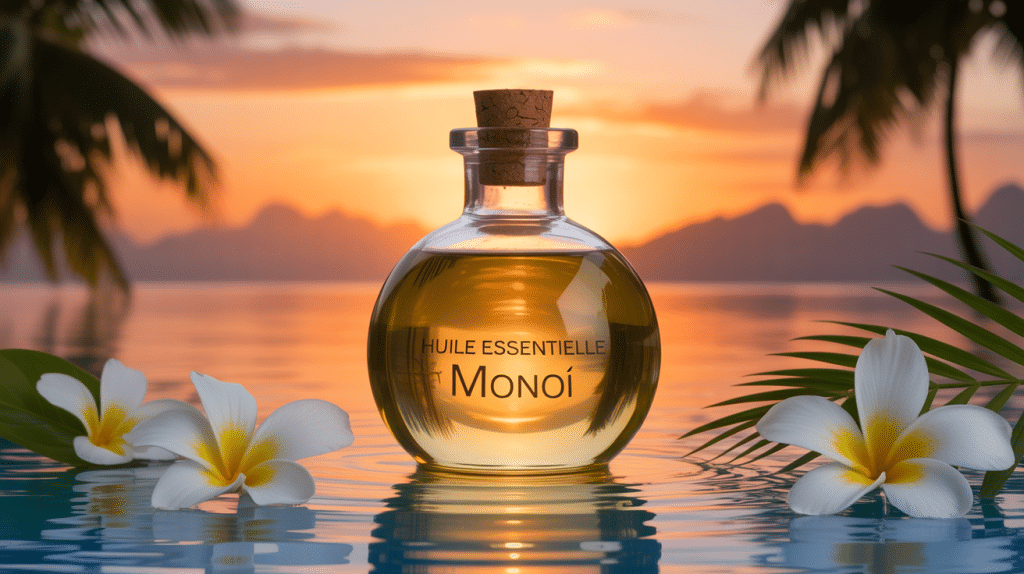 huile essentielle monoi bouteille dorée fleurs tropicales spa
