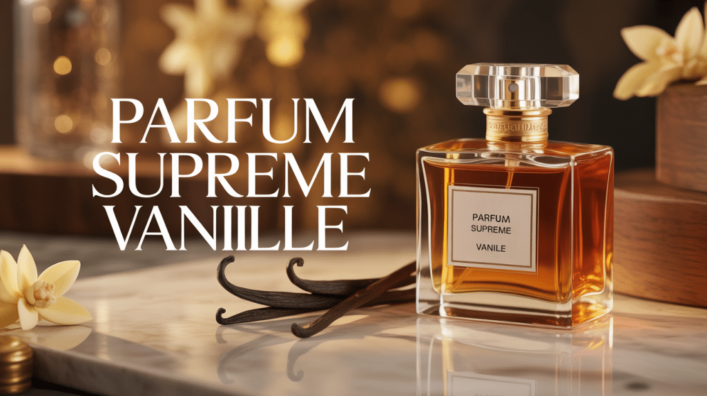 Flacon parfum supreme vanille luxe sur marbre avec gousses