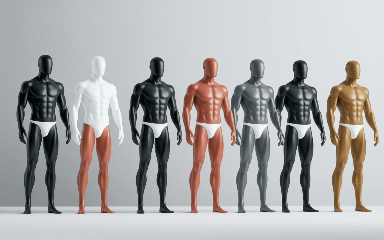 Différents modèles body homme adulte alignés