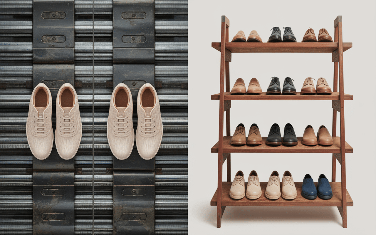 Vintage chaussures artisanat contraste production masse