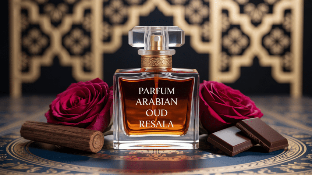 arabian oud resala parfum flacon verre ambre et roses