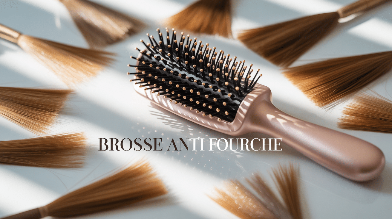 Brosse anti fourche dorée sur cheveux soyeux