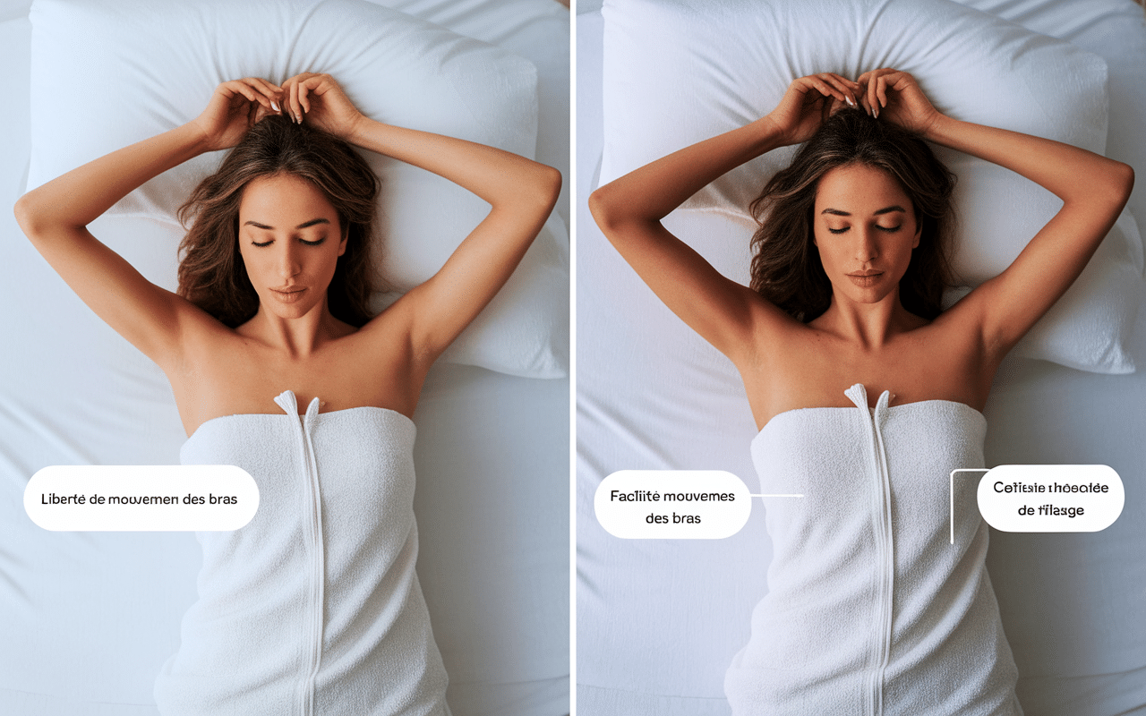 Comparaison cape de bain pour femme et peignoir sur lit blanc