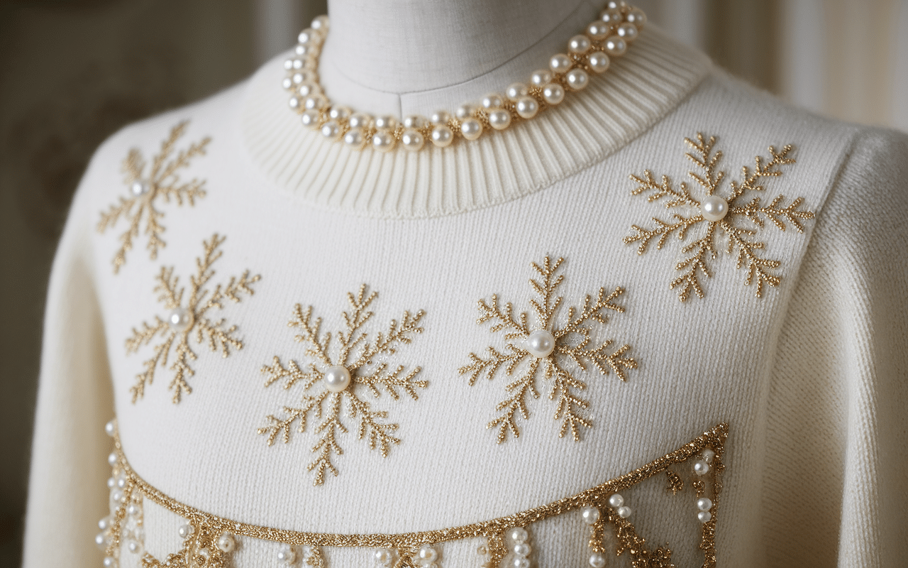 Finitions et broderies pull Noël femme chic